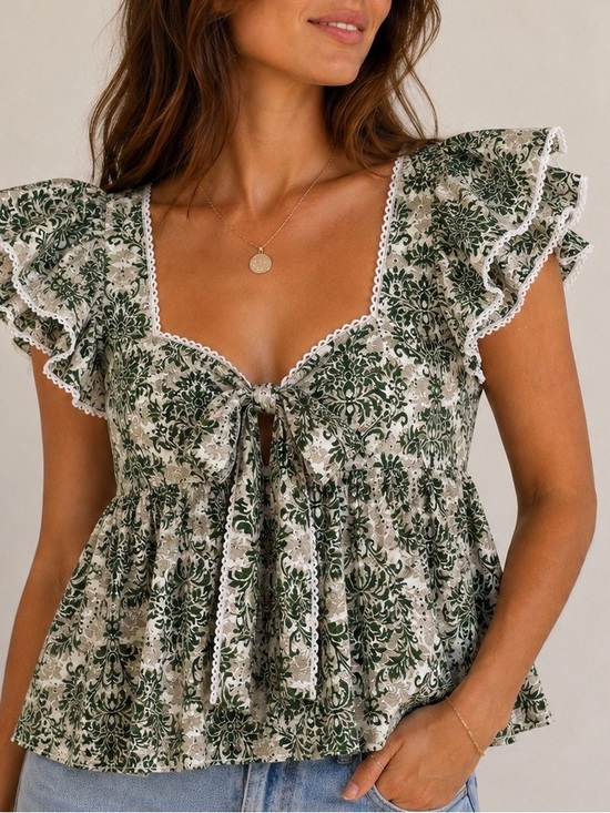 Rustty Dustty Tops - Rustty Dustty Green Floral Ruffle Tie Front Blouse Cottagecore Boho Top 0XL